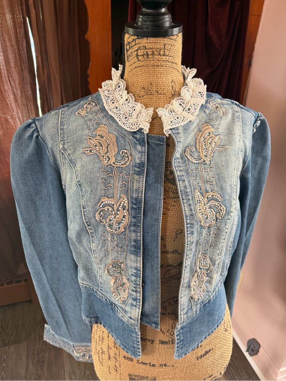 Embroidered Blue Denim Jacket with Lace Collar